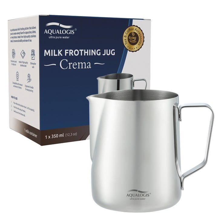 Професионална кана за разпенване на мляко, 350 мл – Aqualogis, изработена от висококачествена неръждаема стомана, устойчива на високи температури, идеална за капучино, лате и флет уайт