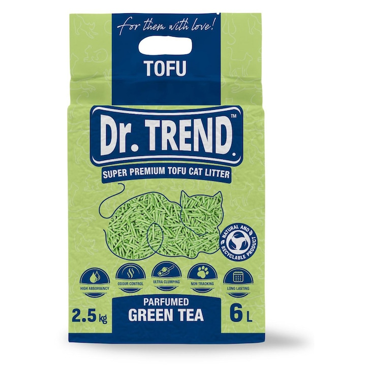 Asternut igienic Dr.Trend Premium pentru pisici, Tofu - Ceai Verde, 6L/2.5kg