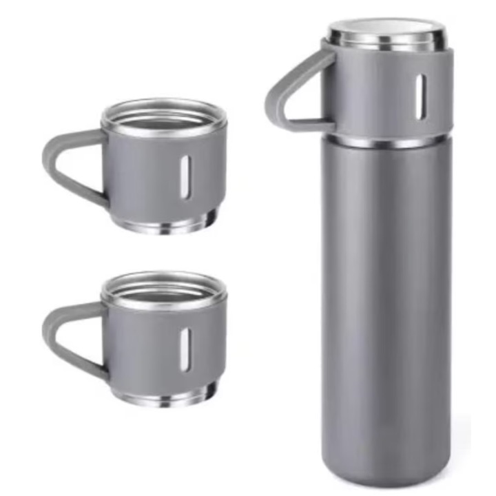 Rozsdamentes acél termosz szett 3 db 500 ml-es hőszigetelt üveggel, meleg és hideg italokhoz, SZÜRKE