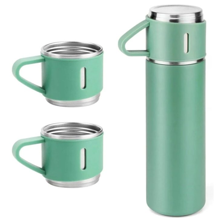 Rozsdamentes acél termoszkészlet 3 pohárral, 500 ml-es hőszigetelt üveggel, meleg és hideg italokhoz, GREEN
