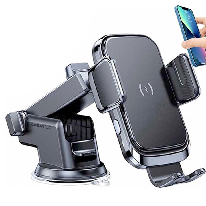 Suport Auto Cu Incarcare Rapida Wireless GREATON, Fixare In Grila De Ventilatie Sau Ventuza Bord Masina, Ajustabil, Reglabil, Universal, 15W, Negru