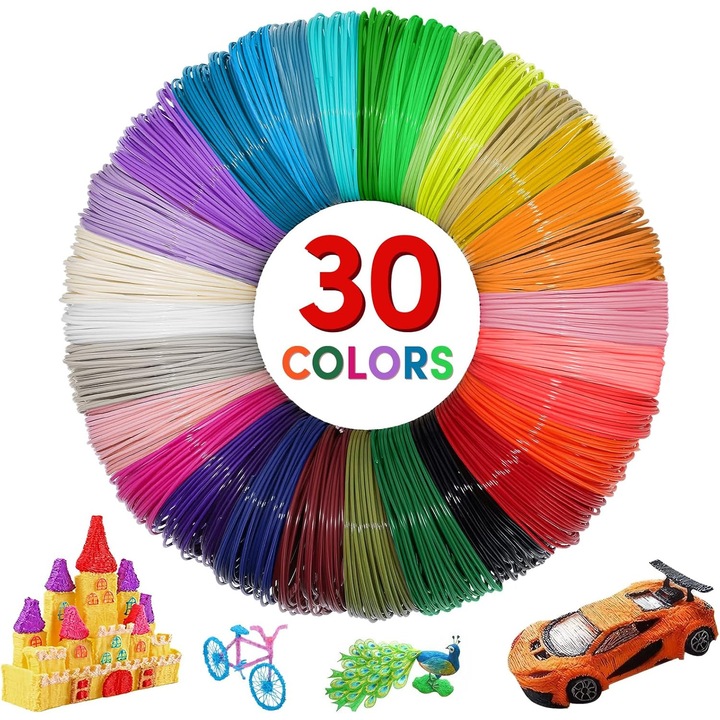 Set Filamente PLA 3D, 30 Culori, 300m, 1.75mm, Covoraș Silicon, Sabloane