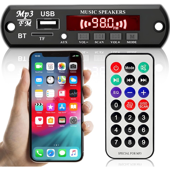 Modul Audio Bluetooth MP3 / Radio FM / USB / Micro SD / Inregistrare + Telecomanda | Alimentare 12V | Iesire Audio pentru Amplificator