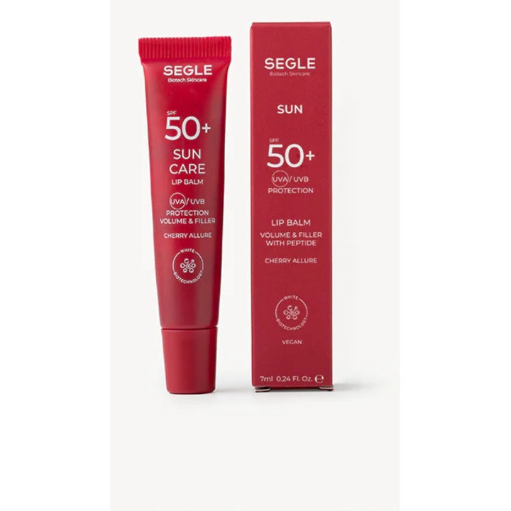 Balsam de buze SPF50+ Cherry Allure SEGLE antirid si efect de volum. Gust de cirese – 7 ml Singurul balsam de buze cu protectie solara SPF50+ foarte ridicata, anti-riduri, cu peptide botox-like