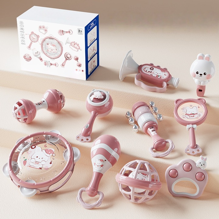 SHEFEITE® zenés játékszett gyerekeknek, 10 darabos, nyuszi alakú design, +3 év, rózsaszín