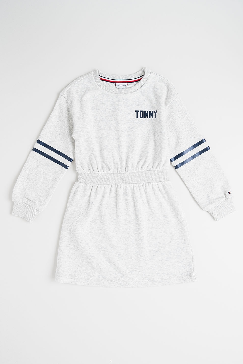 Tommy Hilfiger, Rochie cu maneci lungi, talie elastica si imprimeu logo, Gri melange, Bleumarin, 164 CM
