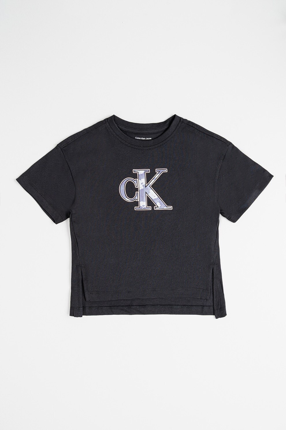 CALVIN KLEIN, Tricou cu decolteu la baza gatului si imprimeu logo, Negru, Roz, Violet pruna, 152 CM