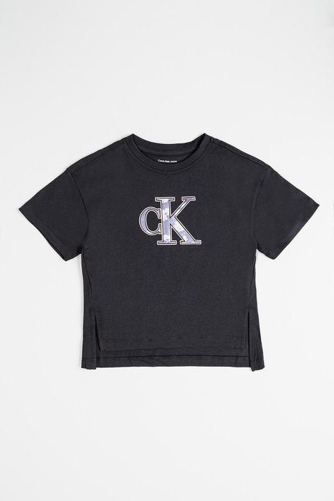 CALVIN KLEIN, Kerek nyakú logós póló, Fekete/Rózsaszín/Szilvalila