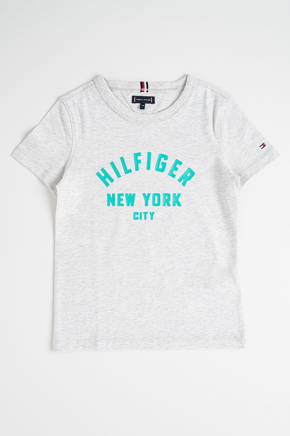 Tommy Hilfiger, Tricou cu decolteu la baza gatului si imprimeu logo, Verde, Gri melange, 152 CM