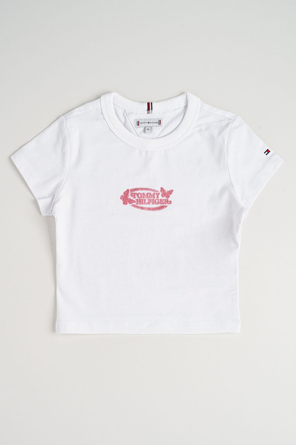 Tommy Hilfiger, Tricou cu decolteu la baza gatului si imprimeu logo, Alb optic, Roz, 170 CM