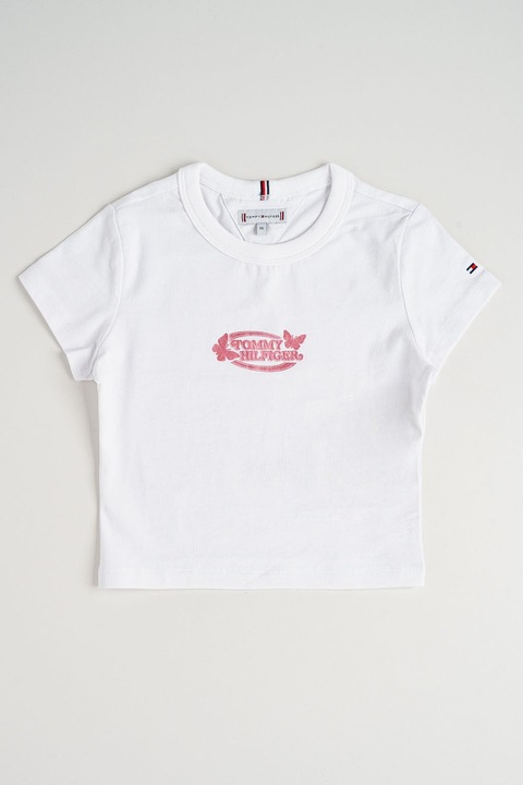 Tommy Hilfiger, Kerek nyakú póló logómintával, Fehér/Rózsaszín