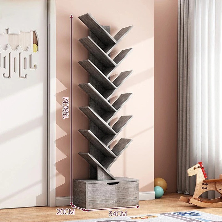 Етажерка за книги във формата на дърво, 158x34 см / Сива