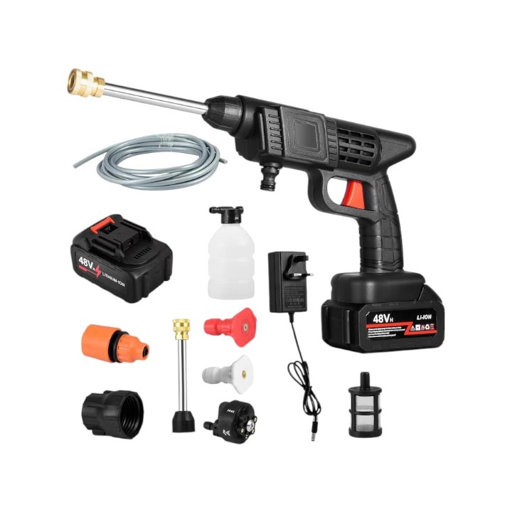 Pistol de spalat cu presiune, 500 W, 30 bari, 3 moduri, include 2 acumulatori 48V, duze, lance, furtun, recipient spuma, filtru - COBI SMART®