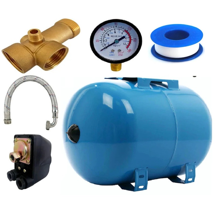 Kit accesorii hidrofor, vas expansiune 24L Heber®, otel, presostat, IP44, membrana interschimbabila, sisteme autoclave, manometru, racord 5 cai bronz, furtun racord inox cu cot, Albastru