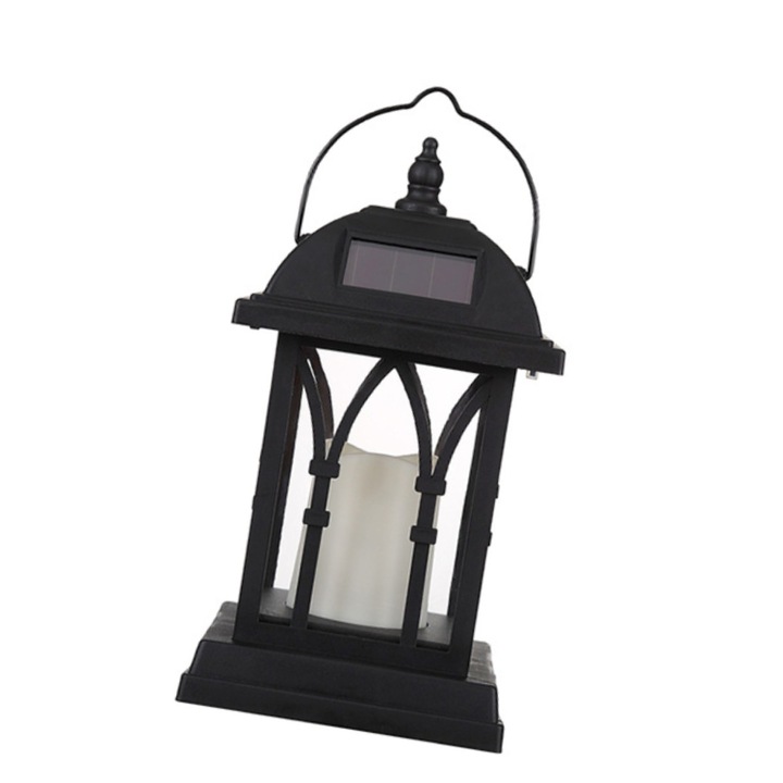Felinar cu incarcare solara, lumanare LED, neagră, 27cm, iluminat decorativ exterior, efect flăcări realistice