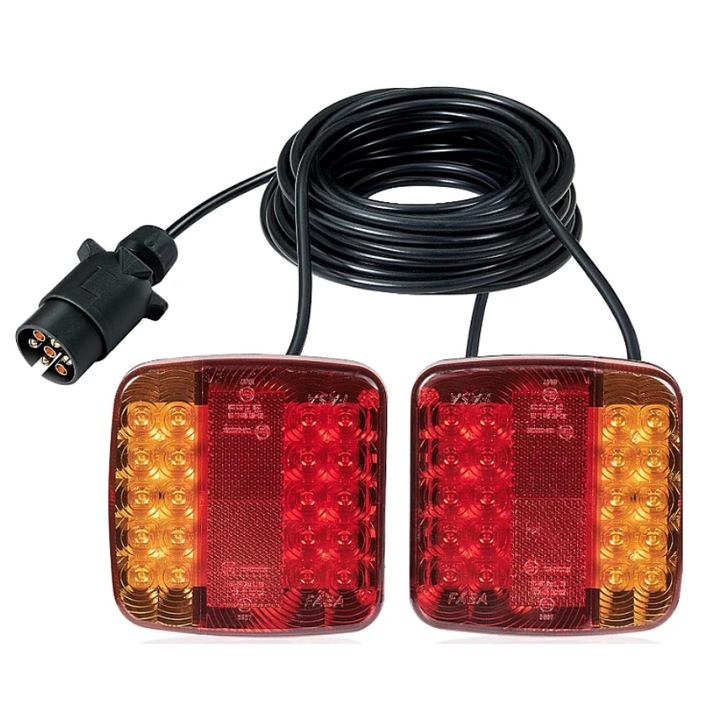 Set 2 Lampi Spate LED Magnetice Remorca 12-24V, Cablu 7.5m, 4 Functii, Priza 7 pini, Montaj Rapid – Stopuri LED Platforma, Trailer, Rulota