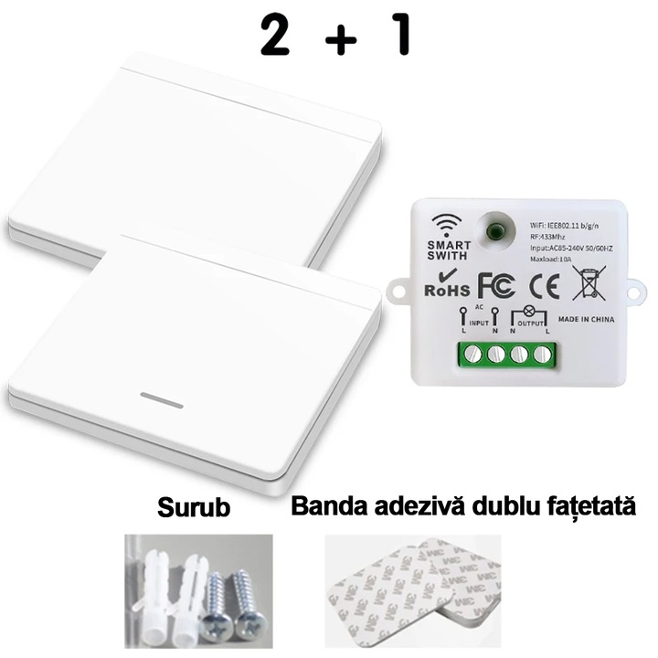 Standard kapcsoló Általános WIFI Mini, 2T+1R, RF 433Mhz, kompatibilis Google Home és Alexa