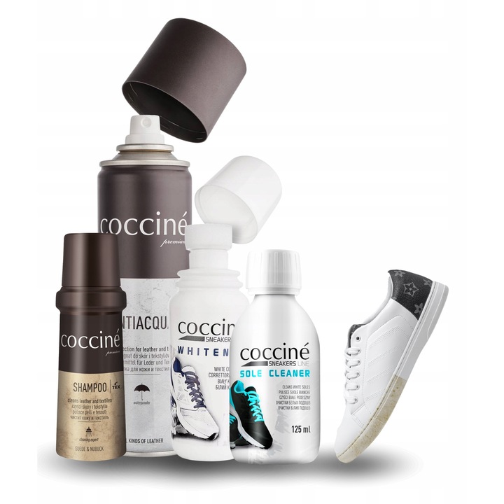 Set de ingrijire a incaltamintei, Coccine, Albitor, 75 ml, Antiacqua, 250 ml, Sampon, 75 ml, Solutie de curatat talpi, 125 ml, Protectie impotriva umezelii, Indepartarea petelor, Prelungeste durabilitatea, Utilizare convenabila, Protectie in toate conditi