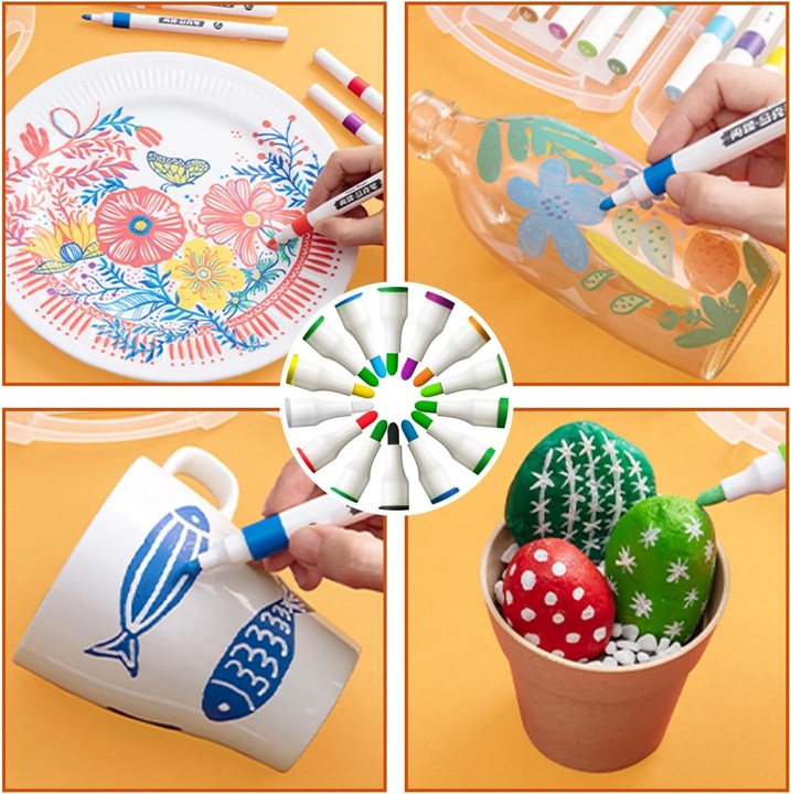 Set 60 markere acrilice, Zola, varf precis, pentru hartie, piatra, sticla, ceramica, lemn, textile, panza, uscare rapida, multicolore