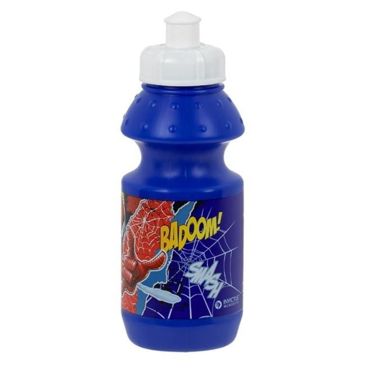 Sticla de apa pentru copii, de culoare albastra cu mecanism fliptop si design Spiderman