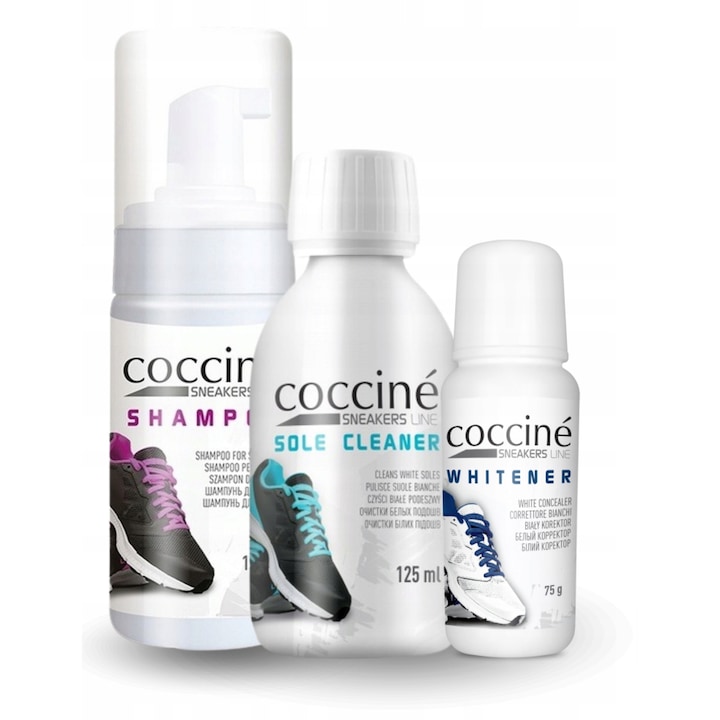 Set de curatare a incaltamintei, Coccine, Albitor Coccine 75 ml + Sampon pentru adidasi Coccine 100 ml + Solutie de curatare a talpilor Coccine 125 ml, Multicolor, Set de 3, Material: lichid, Albeste eficient, Indeparteaza murdaria, Usor de utilizat, Nu n