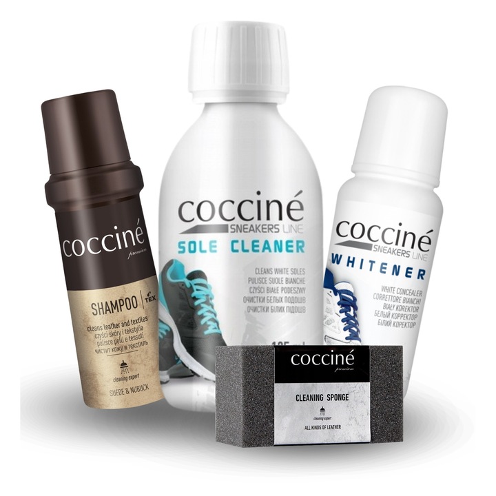 Kit de curatare a incaltamintei, Coccine, 4 in 1, 75 ml, 125 ml, inalbitor, sampon, solutie de curatat talpi, burete de curatat, alb, setul include: inalbitor 75 ml, sampon 75 ml, solutie de curatat talpi 125 ml, burete de curatat, material: lichid, buret