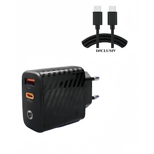 Set incarcator rapid 2in1 si cablu de incarcare rapida pentru telefon, 38W, 1USB-C, 1USB-A, 1cablu C-C, PD20W, PD3.0, QC3.0, PPS, protectie inteligenta de siguranta, indicator luminos albastru, Compatibi cu Apple/Samsung/iOS/Android/ceas/casti, negru