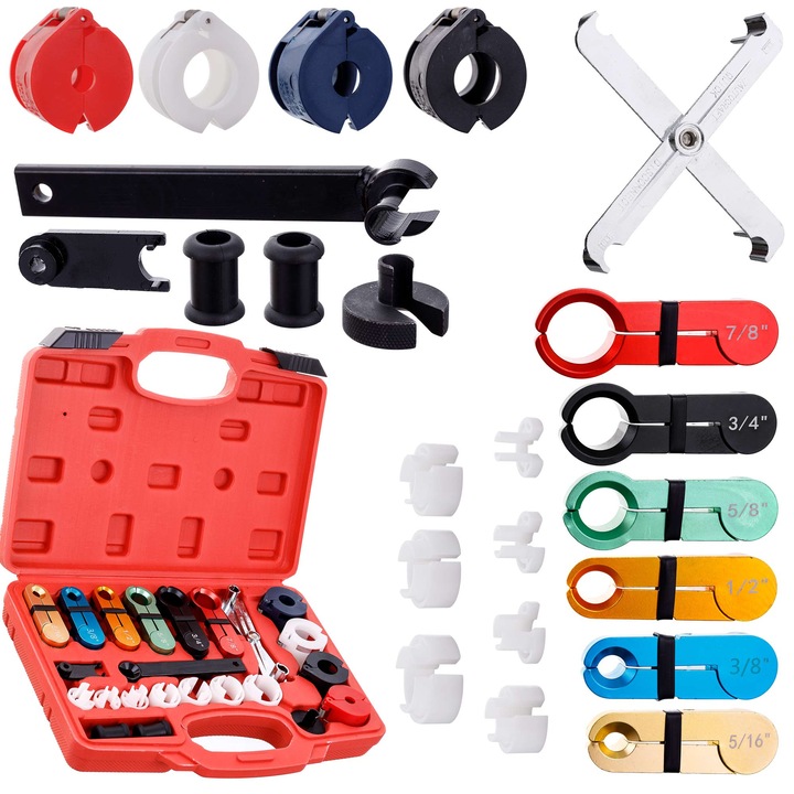 Professzionális üzemanyag- és klímatömlők leválasztására szolgáló készlet, TC Technic, 1/4"-7/8", 21 darabos