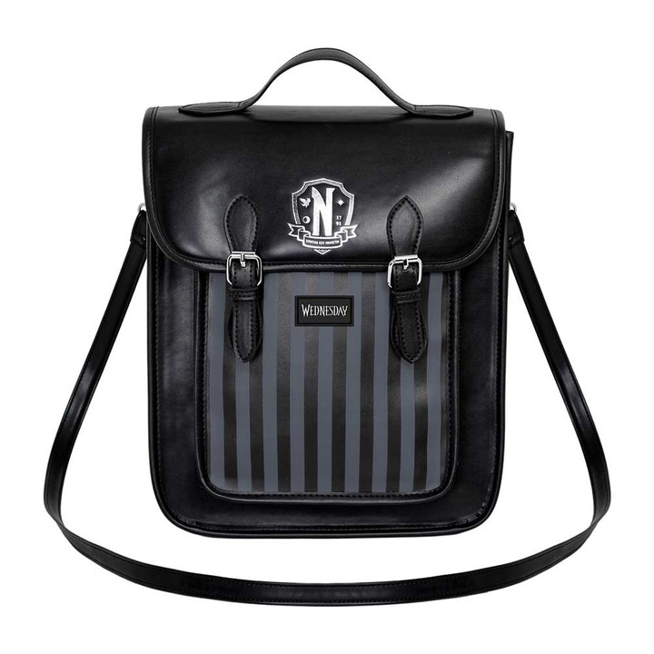 Rucsac mare Wednesday, negru, piele ecologica, logo Nevermore Academy, 34 x 28 x 11 cm
