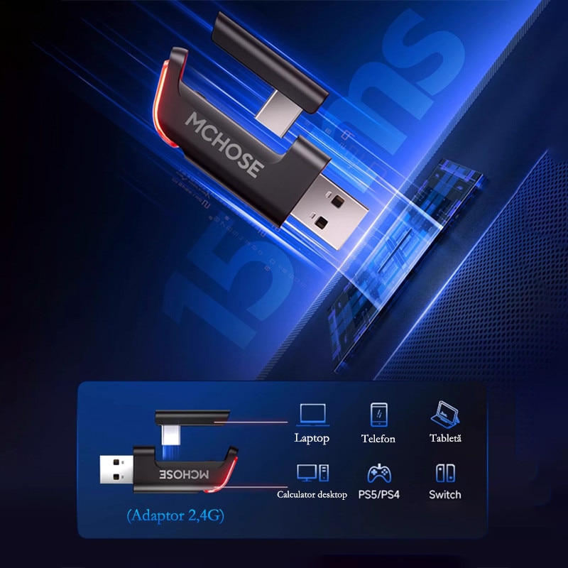 Casti gaming MCHOSE V9 Pro, tri-mode (2.4G/Bluetooth/USB-C), drivere ...