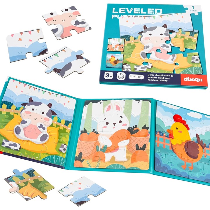 Joc Puzzle pentru copii, Puzzle magnetic din lemn，3 modele，37 Piese，pentru baieti si fete de 2, 3, 4 ani, Senzorial, Animale de la ferma
