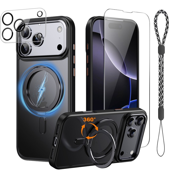 Калъф за iPhone 17 Pro с 360-градусова въртяща се стойка, комплект за защита на екран и лещи от стъкло, CASEDANCE, черен