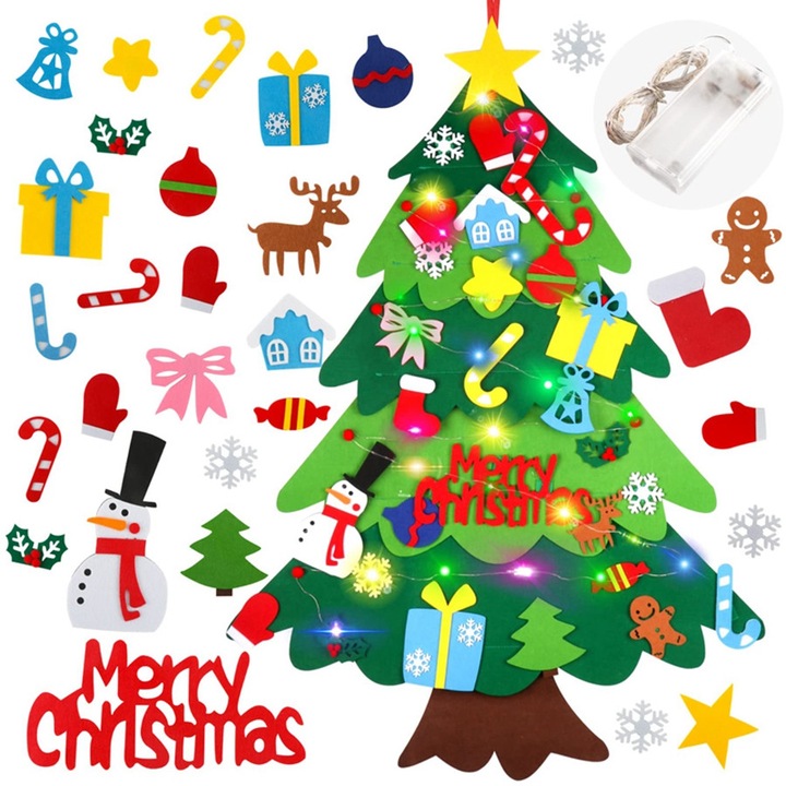 DIY filc karácsonyfa levehető díszekkel – fali dekoráció gyerekeknek, ajándék Mikulással, díszek és kiegészítők partira