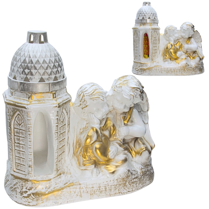 Figurina decorativa din gips cu ingeri si lanterna, alb-aurie, 33x36x15cm, set