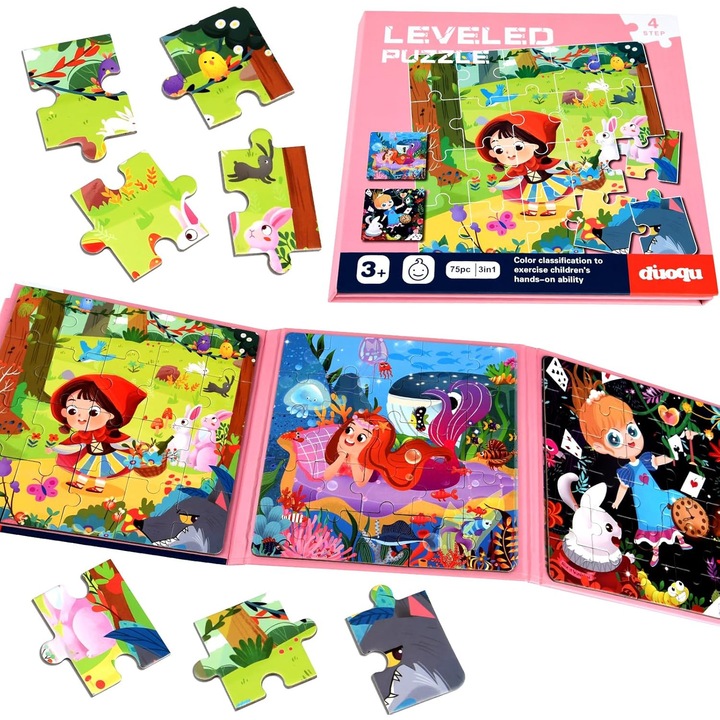 Пъзел за деца, дървен магнитен пъзел, 3 модела, 37 части, за момчета и момичета на 2, 3, 4 години, Сензорен