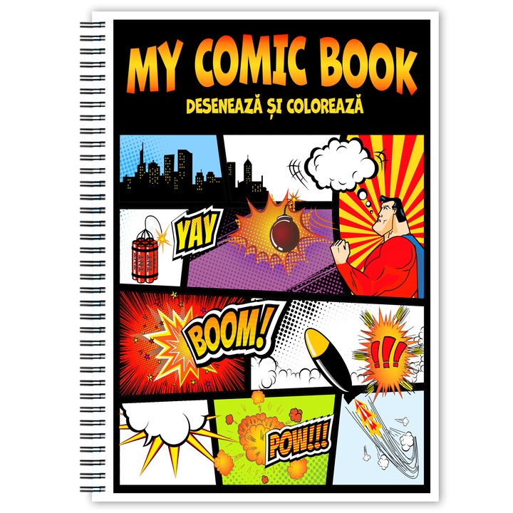 Carte de desenat stil comic book, 50 de pagini diferite, Coloreaza-ti propriul Comic Book, Format: A6 - 14.8x10.5cm, Editura Legendary Print, 100 pagini