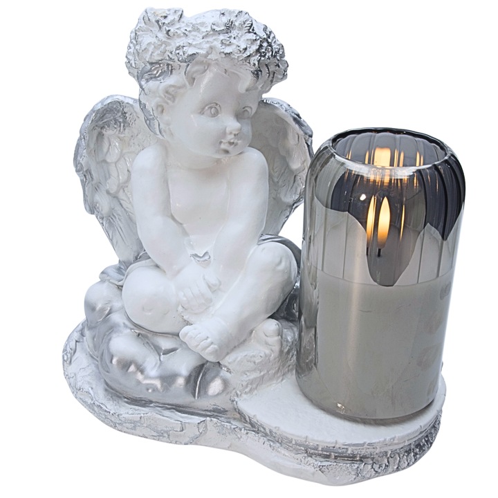 Figurina inger cu lumanare LED, DECORTREND, gips impregnat, detalii argintii, 20x22x14cm