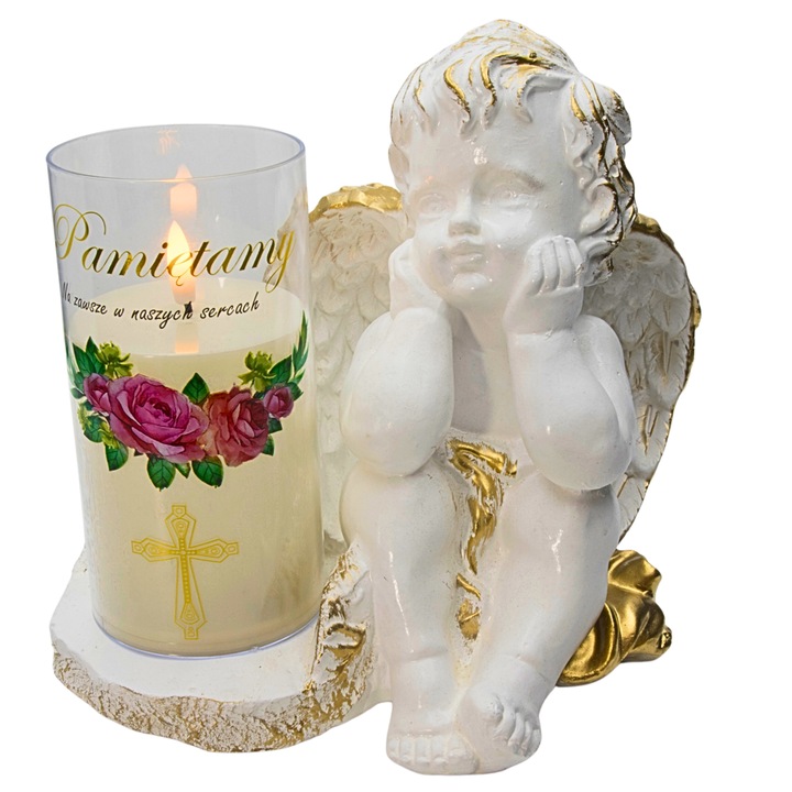 Dekoratív figura, DECORTREND, elmélkedő angyal, LED gyertya, fehér-arany, 18,5x24x13cm