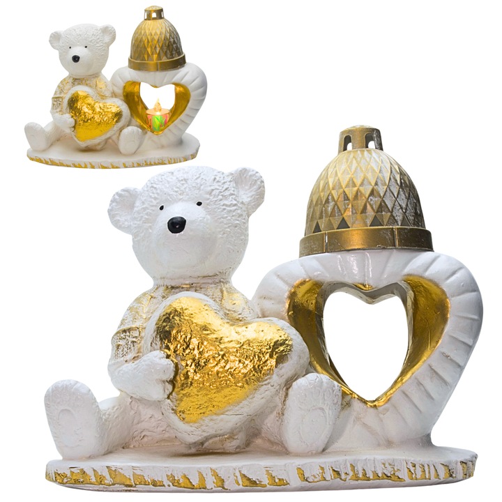 Figurina decorativa pentru mormant, Decotrend, urs cu inima si lampion, alb-auriu, 27x22x12cm, 2,2kg