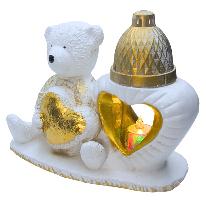 Figurina decorativa din gips, urs alb cu inima aurie si lampion LED, 22x27x12cm, set