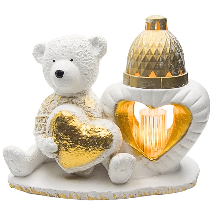 Figurina decorativa pentru mormant, Decotrend, urs cu inima si lampion, alb-aurie, 27x22x12 cm, set cu lampa LED
