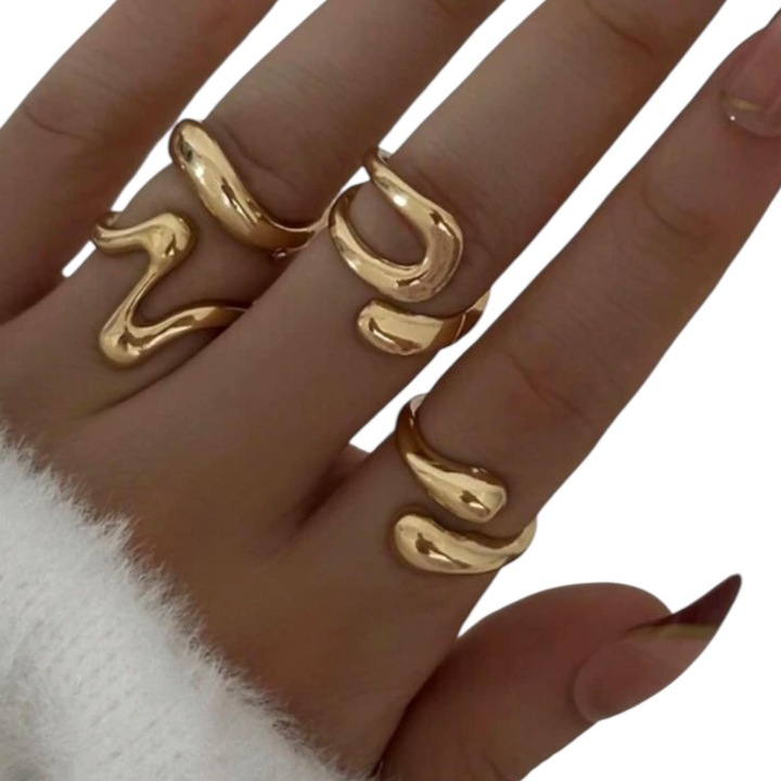 Inele aurii, elegante, din aliaj, forme abstracte, 4 bucati, marimea 8