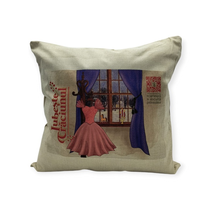 Perna decorativa Iubeste Craciunul (model colectie 4), QR cu poveste audio/video pentru copii de Craciun, 40x40 cm