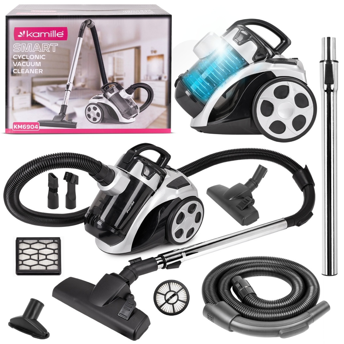 Aspirator cu Fir, Fara Sac KAMILLE, Puterea 800W, Accesorii, Filtru Hepa, Culoare Gri
