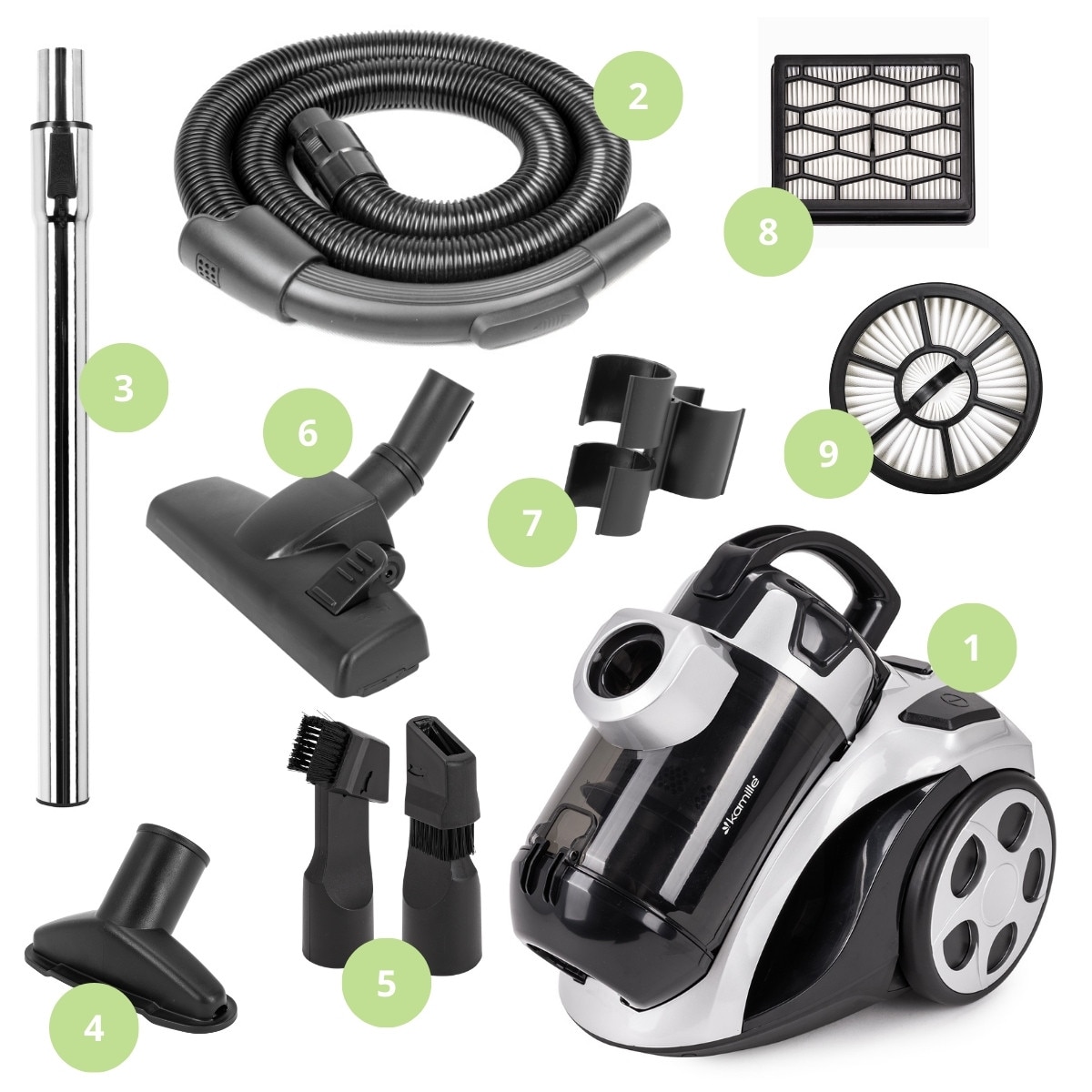 Aspirator cu Fir, Fara Sac KAMILLE, Puterea 800W, Accesorii, Filtru Hepa, Culoare Gri