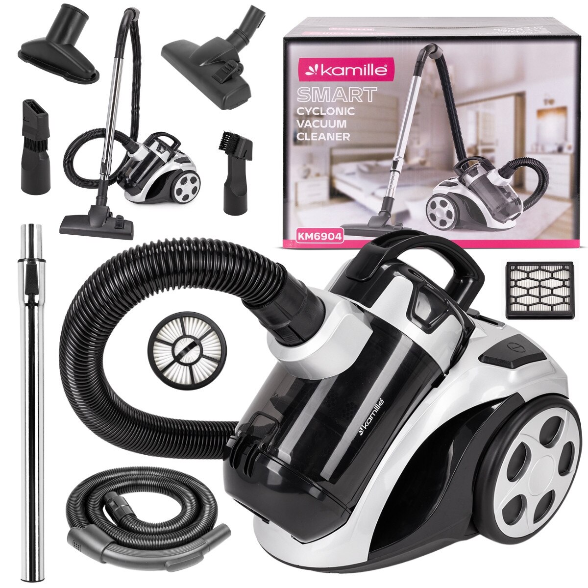 Aspirator cu Fir, Fara Sac KAMILLE, Puterea 800W, Accesorii, Filtru Hepa, Culoare Gri