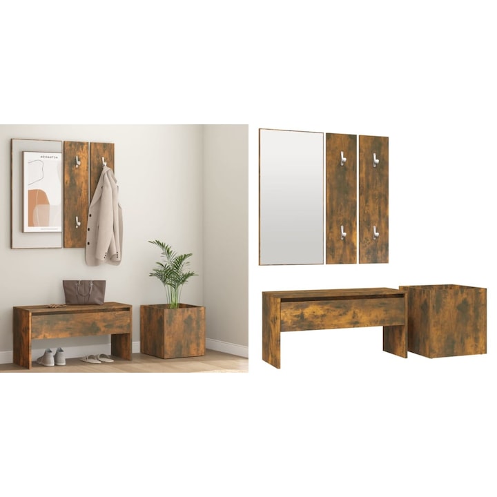 Set de mobilier pentru hol, stejar fumuriu, lemn prelucrat