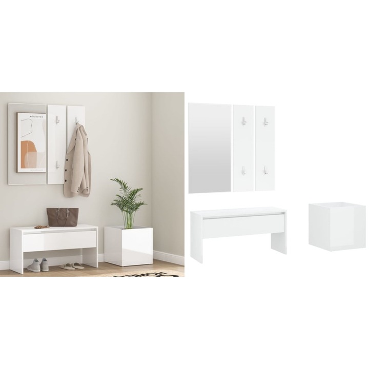 Set de mobilier pentru hol, alb extralucios, lemn prelucrat