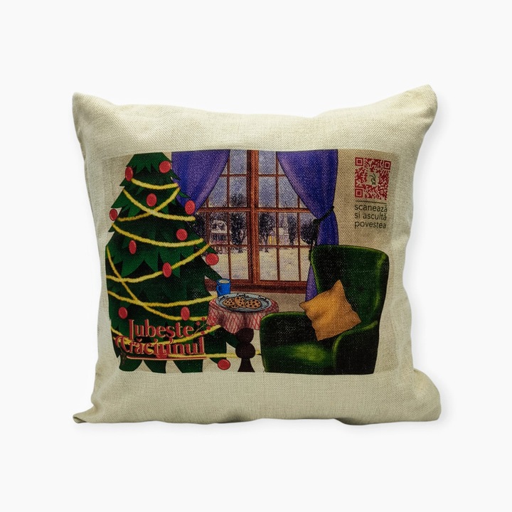 Perna decorativa Iubeste Craciunul (model colectie 6), QR cu poveste audio/video pentru copii de Craciun, 40x40 cm