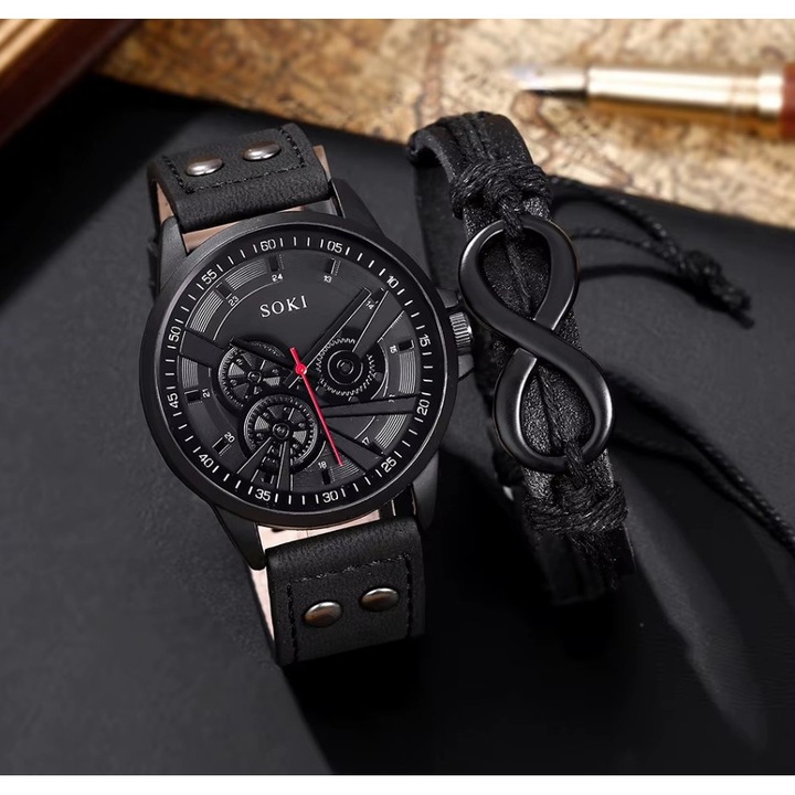 Set Accesorii Barbati, Ceas Analog Negru, Bratara Piele, Stil Casual